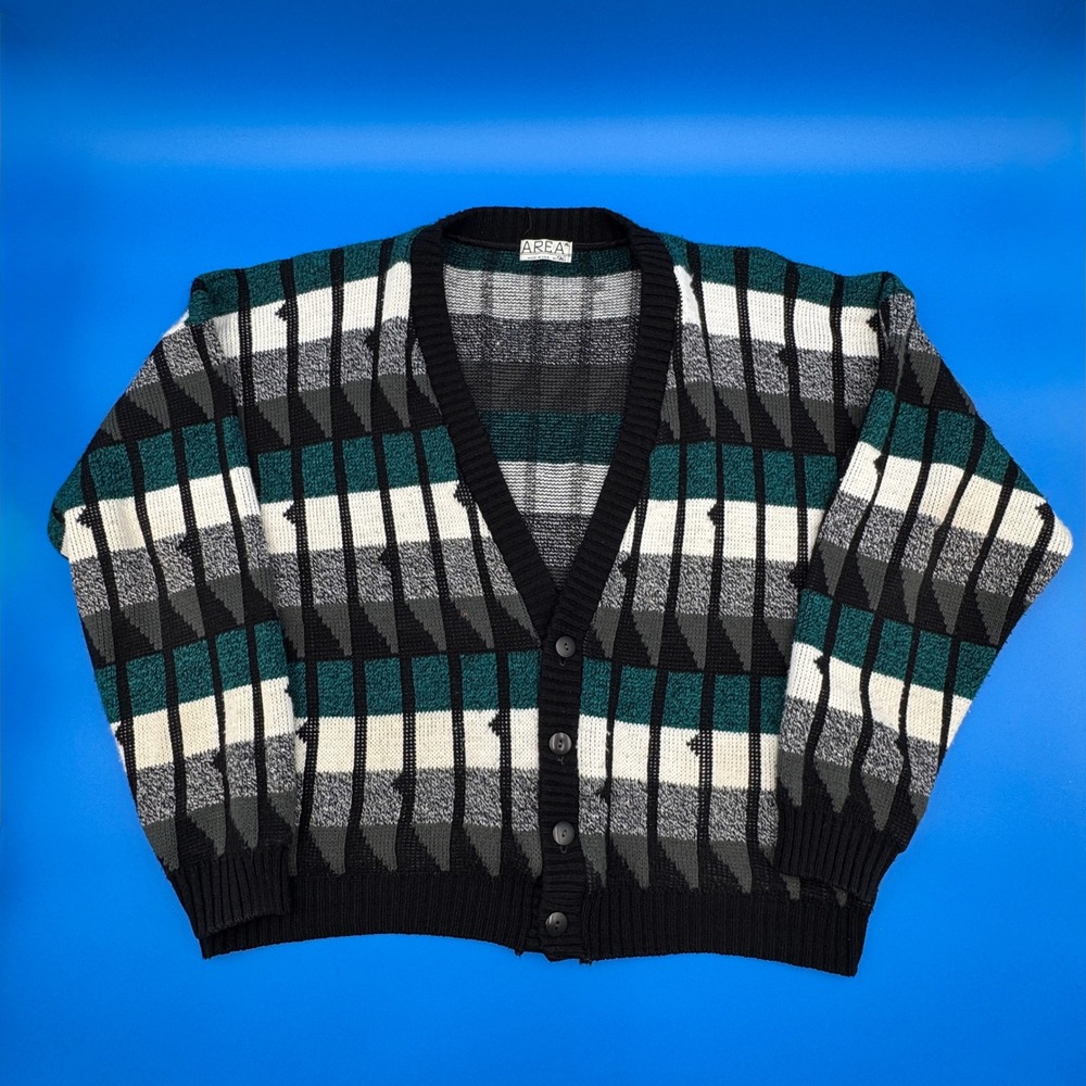 90s VTG AREA Mens XL Geometric Pattern Button Front Cardigan Sweater Made in USA